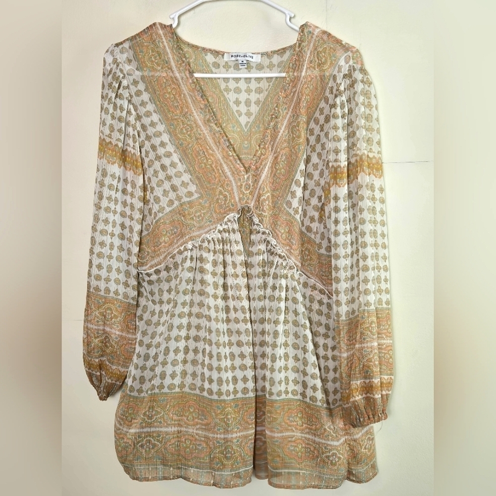 Rose‎ + Olive Boho Empire Waist Peasant Festival Semi-Sheer Top, Medium